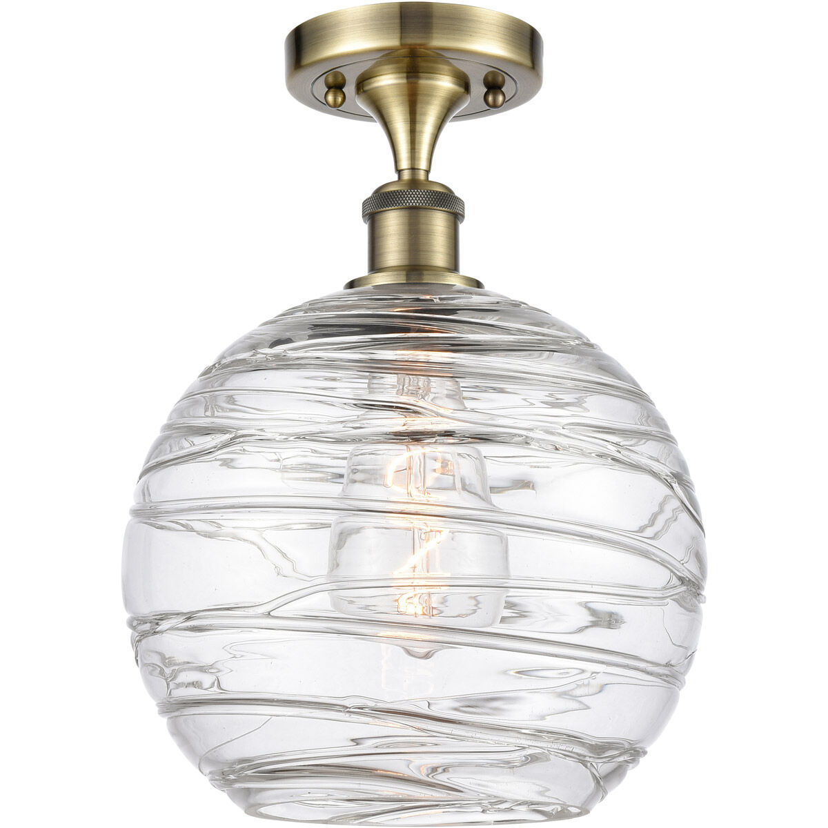 Ballston Large Deco Swirl 1 Light 10 inch Antique Brass Semi-Flush Mount Ceiling Light in Incandescent, Large Athens, Deco Swirl Glass, Ballston