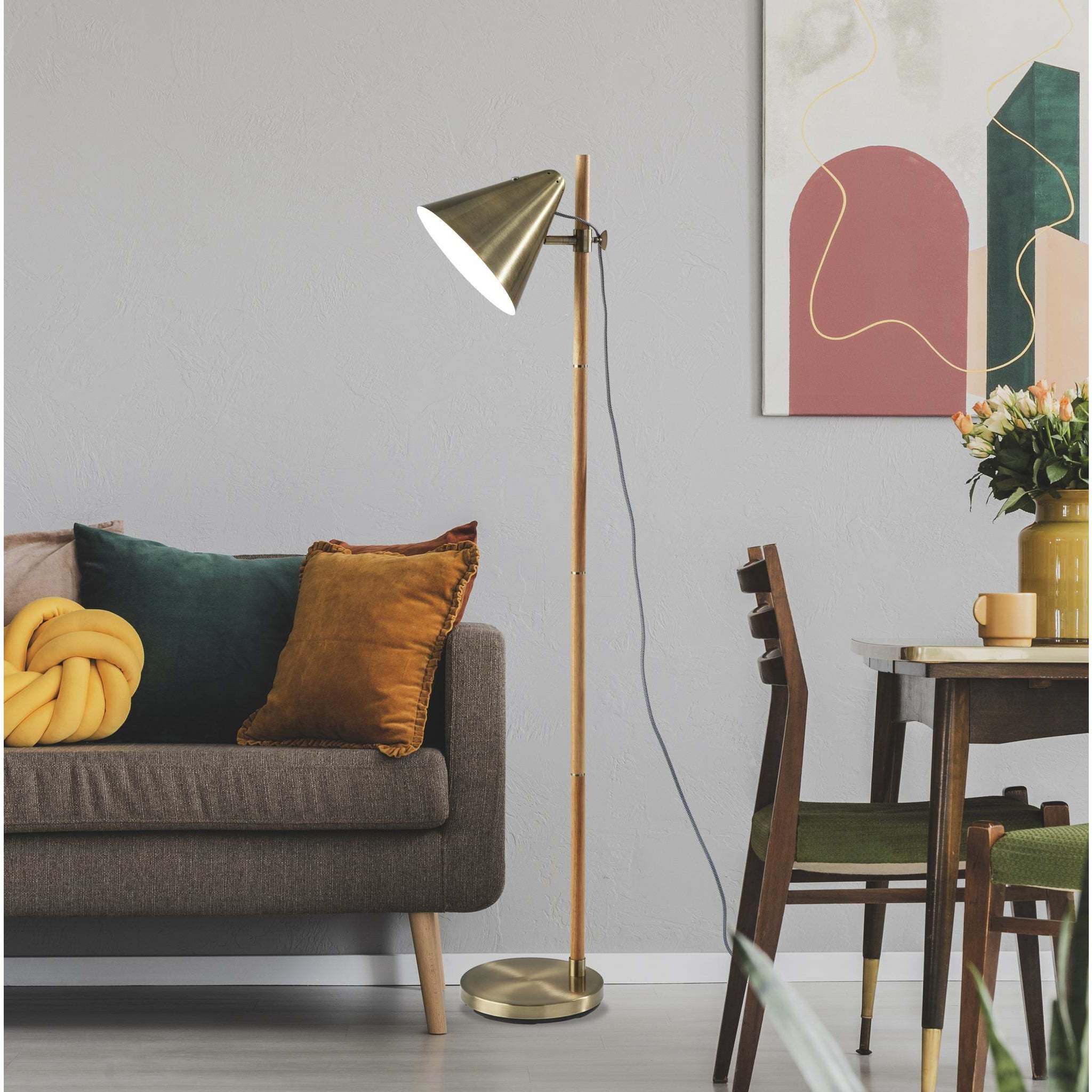 Bryn 58 inch 60 watt Natural Rubberwood and Antique Brass Floor Lamp Portable Light