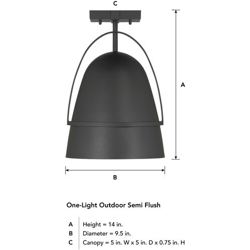 Rue 1 Light 9.5 inch Black Semi-Flush Mount Ceiling Light