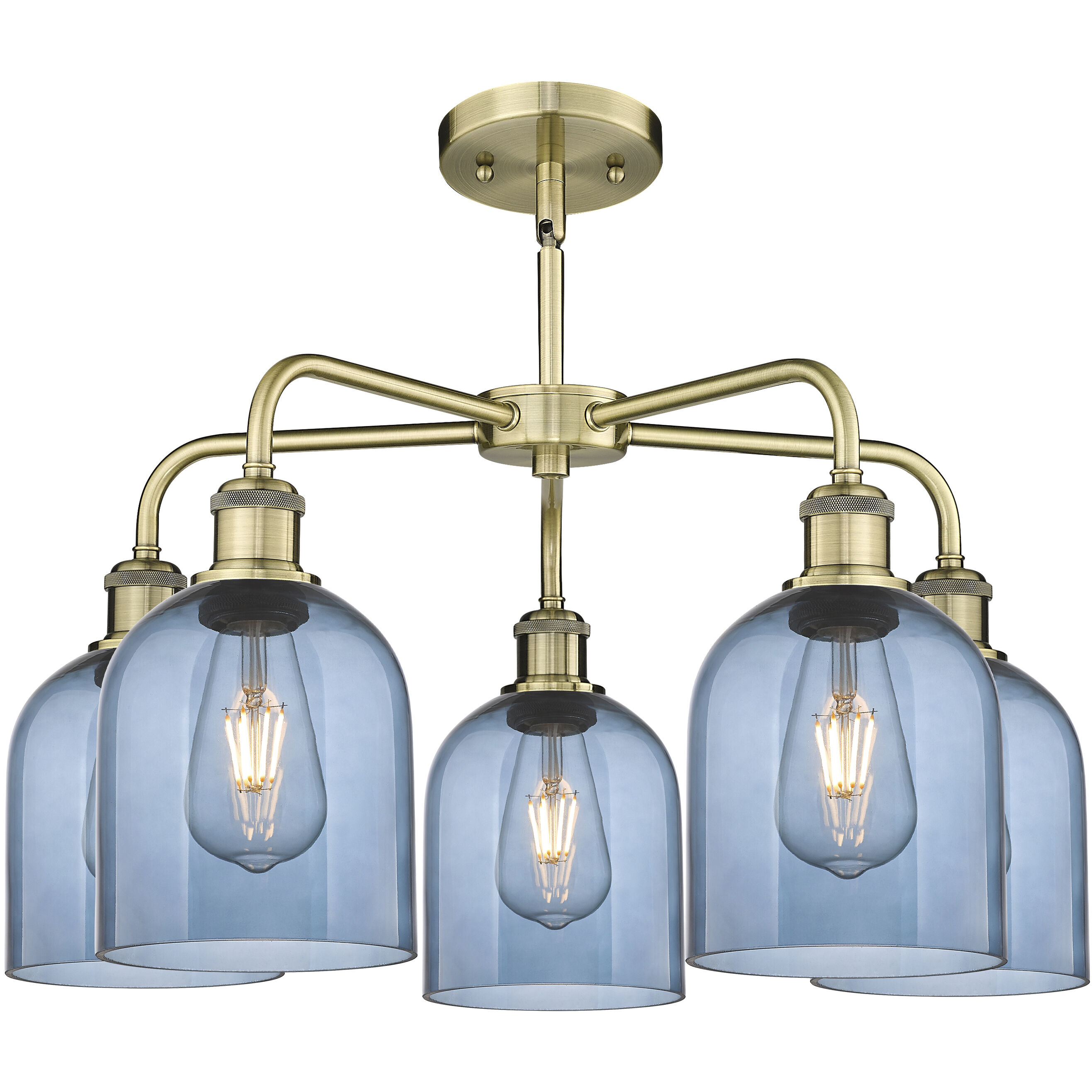 Ballston Bella 5 Light 23.5 inch Antique Brass Stem Hung Chandelier Ceiling Light in Princess Blue Glass