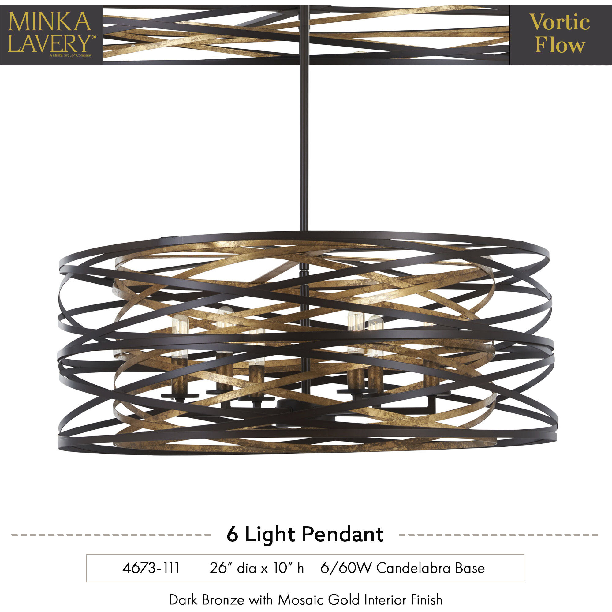 Vortic Flow 6 Light 26 inch Dark Bronze/Mosaic Gold Pendant Ceiling Light