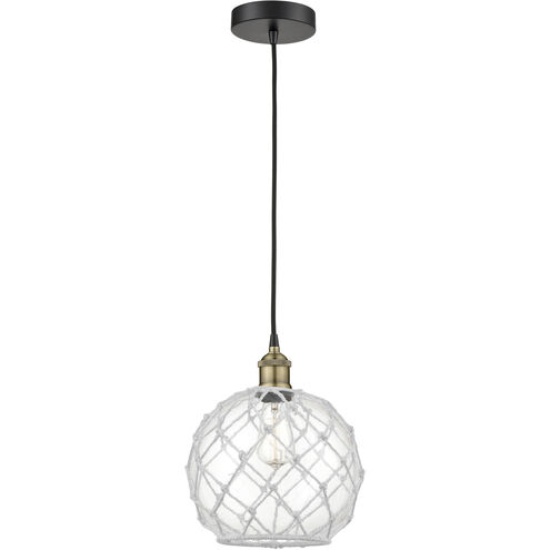 Edison 1 Light 10 inch Black Antique Brass Mini Pendant Ceiling Light in Clear Glass with White Rope