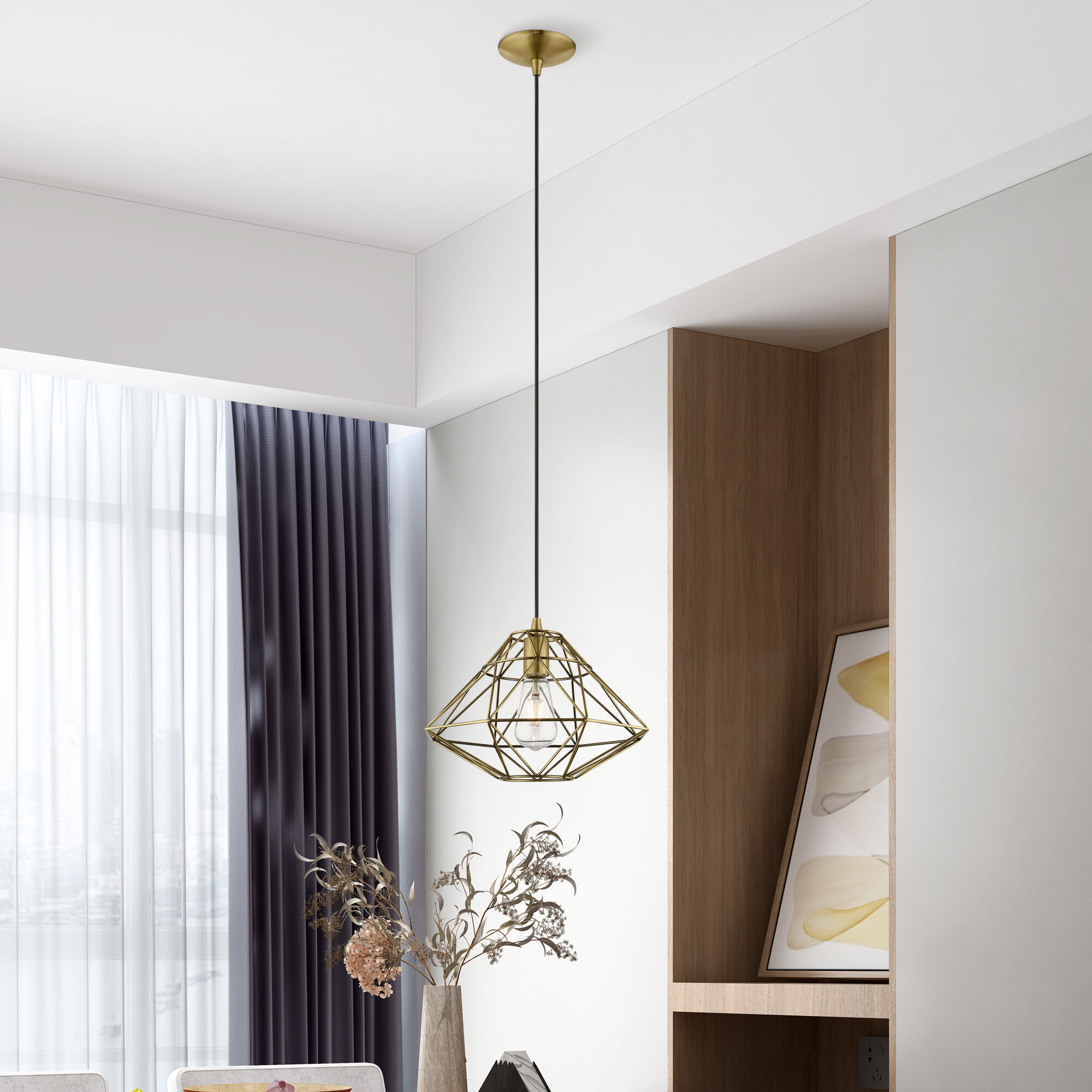 Geometric 1 Light 14 inch Antique Brass Mini Pendant Ceiling Light