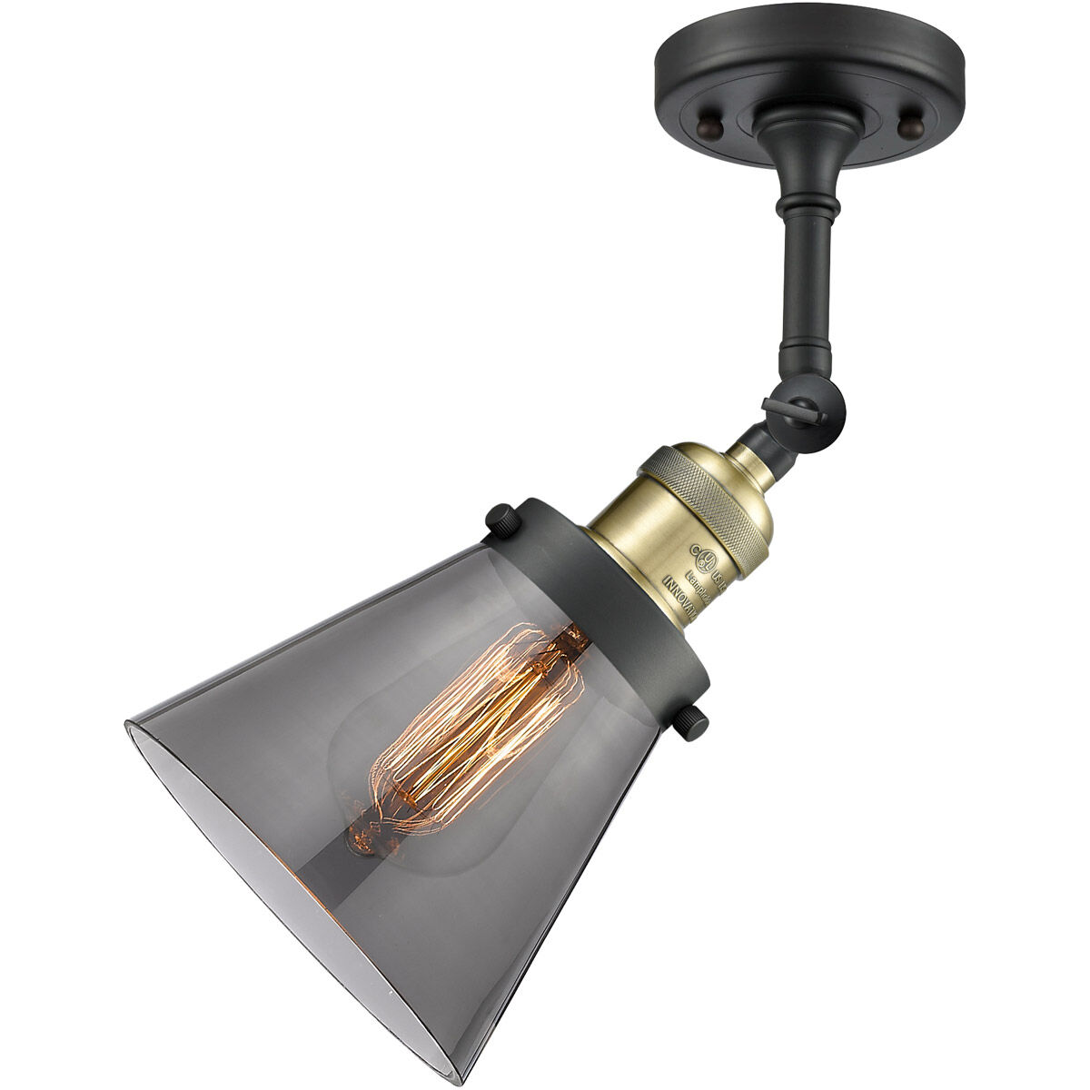 Franklin Restoration Small Cone 1 Light 6 inch Black Antique Brass Semi-Flush Mount Ceiling Light in Plated Smoke Glass, Franklin Restoration