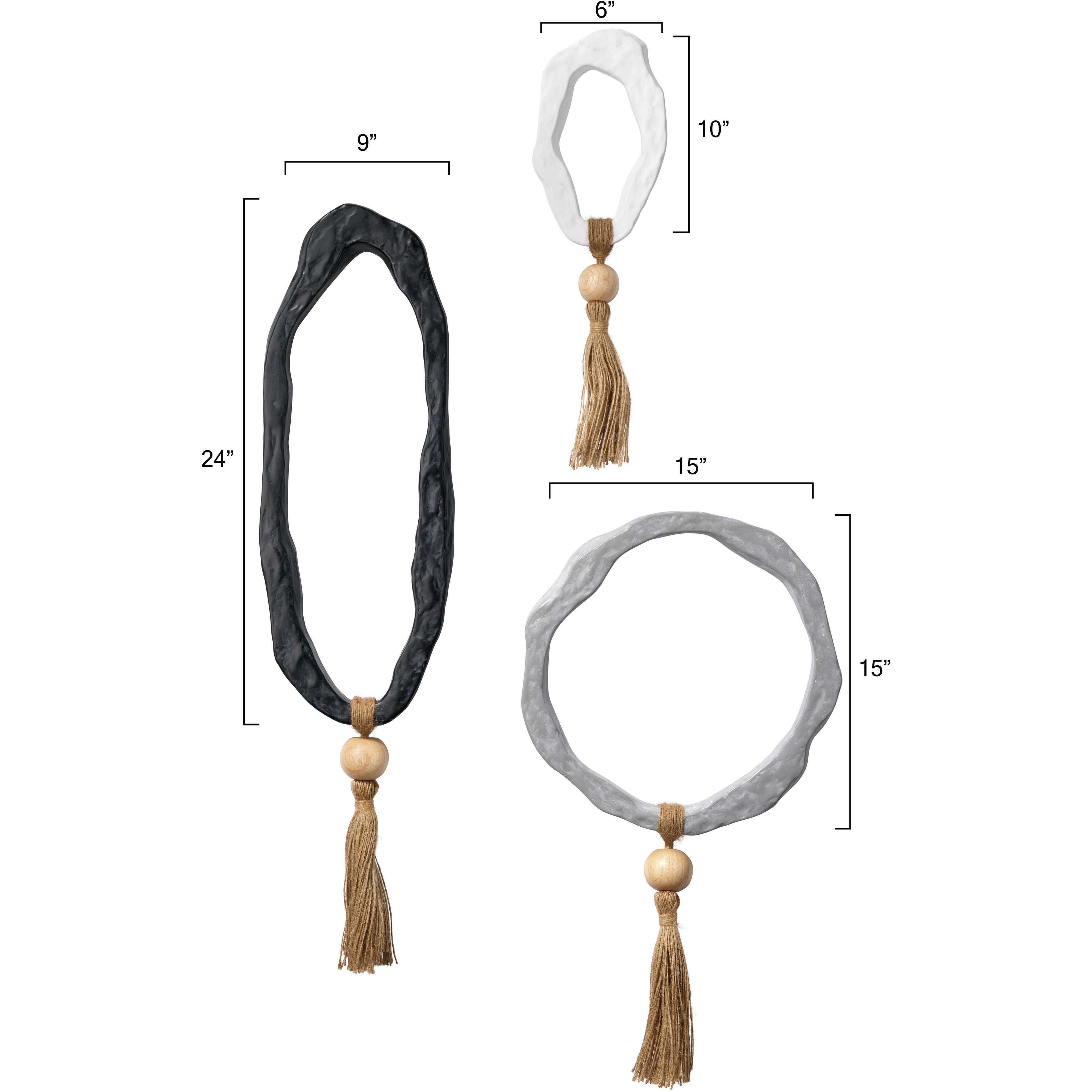 Mirage Abstract White / Black / Grey w/ Natural Wood Bead and Jute Wall Art