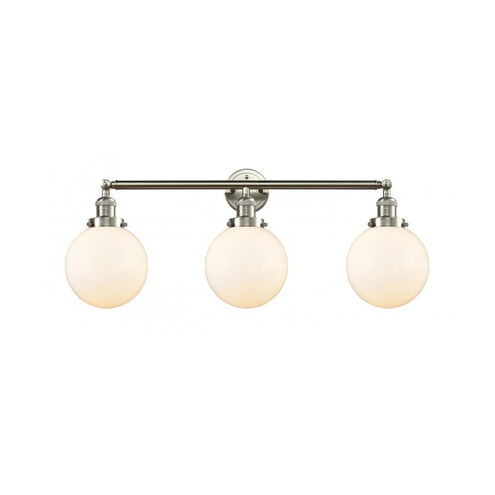 Franklin Restoration Large Beacon 3 Light 32 inch Brushed Satin Nickel Bath Vanity Light Wall Light in Matte White Glass, Franklin Restoration