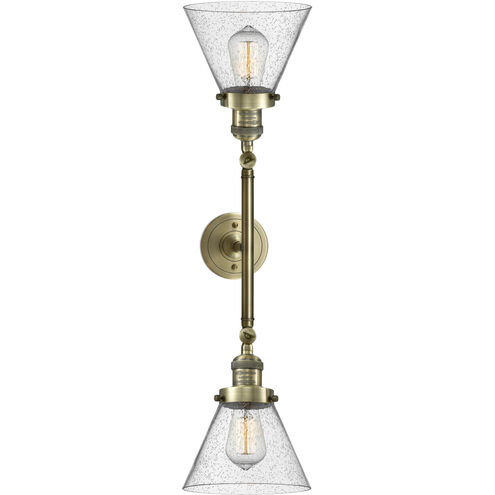 Franklin Restoration Large Cone 2 Light 18 inch Antique Brass Bath Vanity Light Wall Light in Incandescent, Seedy Glass, Franklin Restoration