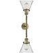 Franklin Restoration Large Cone 2 Light 18 inch Antique Brass Bath Vanity Light Wall Light in Incandescent, Seedy Glass, Franklin Restoration