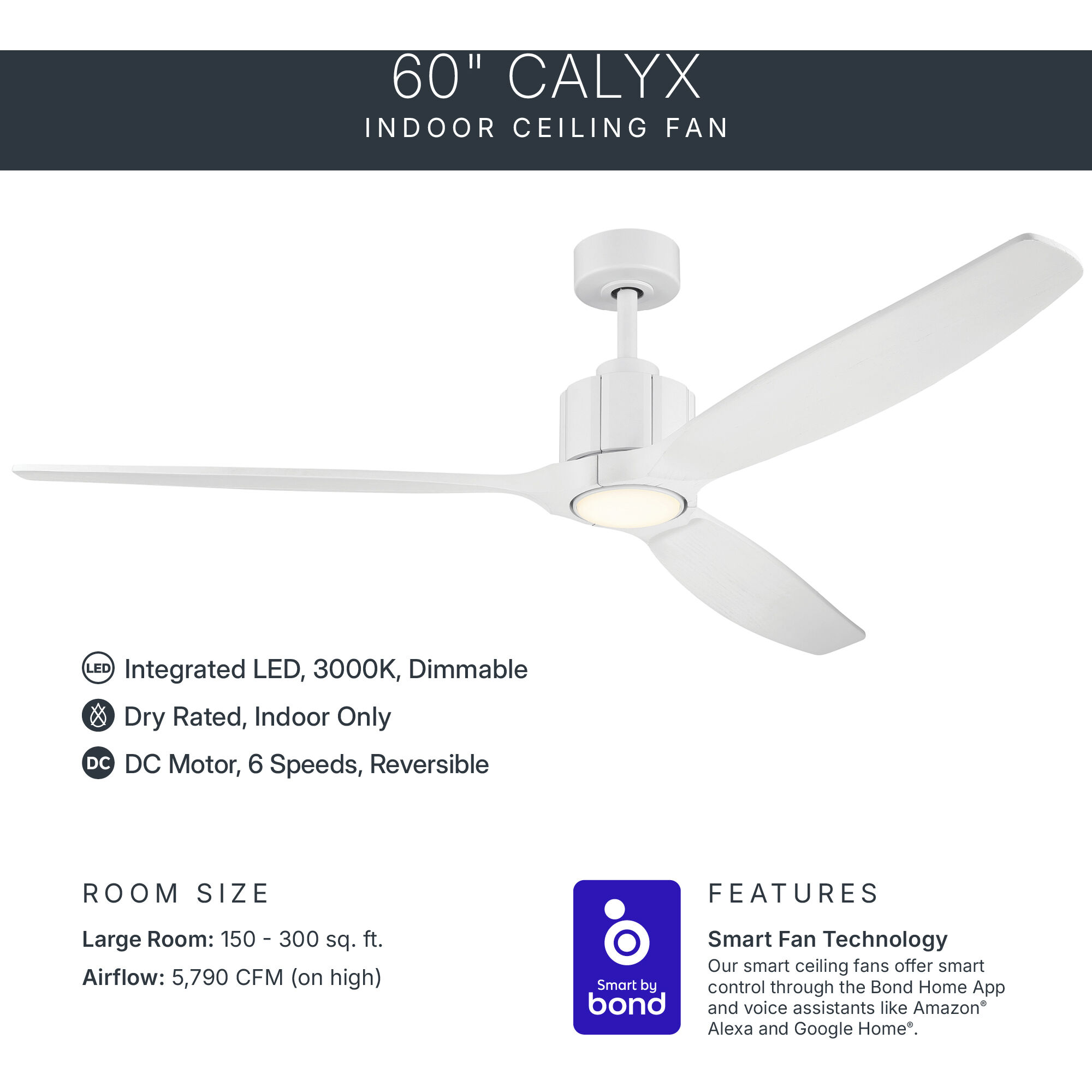 Calyx 60 inch Matte White with Solid Wood Matte White Blades Indoor Ceiling Fan