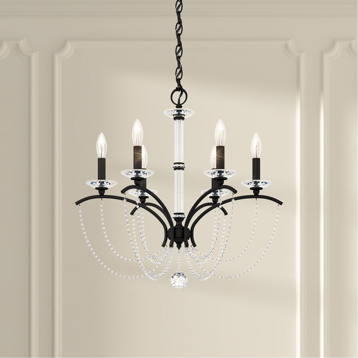 Priscilla 6 Light Black Chandelier Ceiling Light in Optic, Adjustable Height