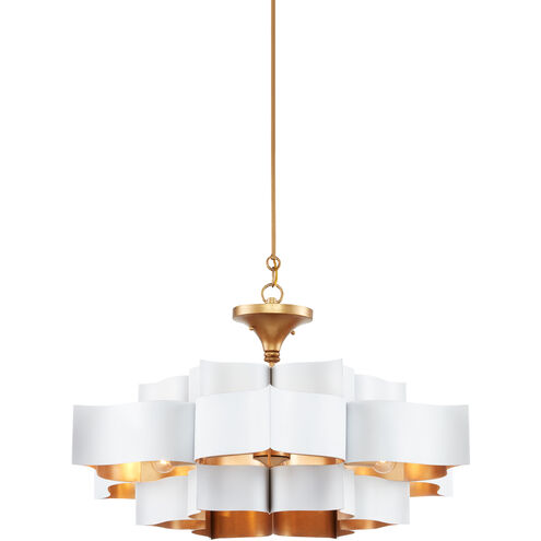 Grand Lotus 6 Light 30 inch Sugar White/Comtemoprary Gold Leaf Chandelier Ceiling Light, Convertible to Semi-Flush