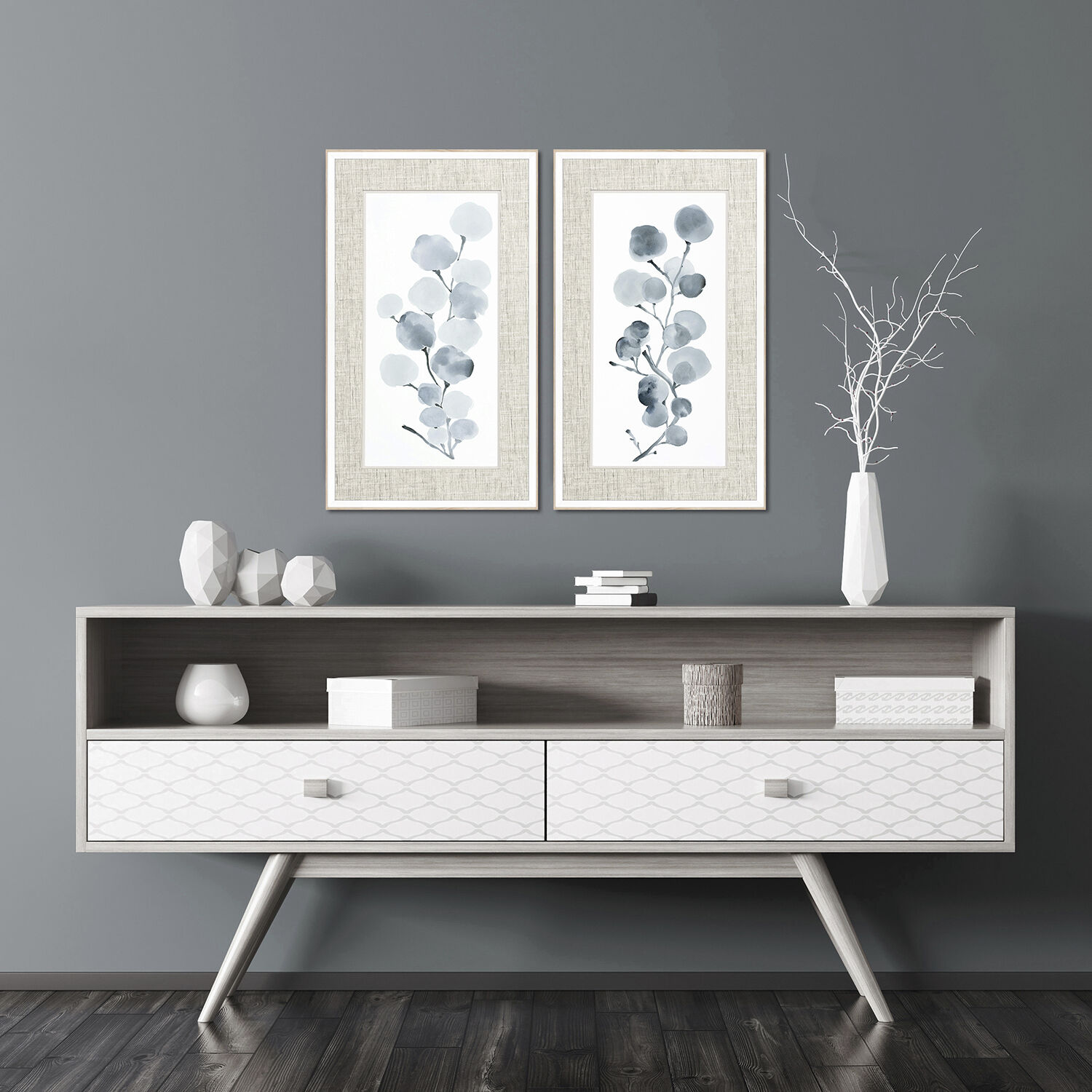 Florals Gray and Blue and White Framed Art