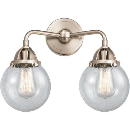 Nouveau 2 Beacon LED 14 inch Brushed Satin Nickel Bath Vanity Light Wall Light in Seedy Glass