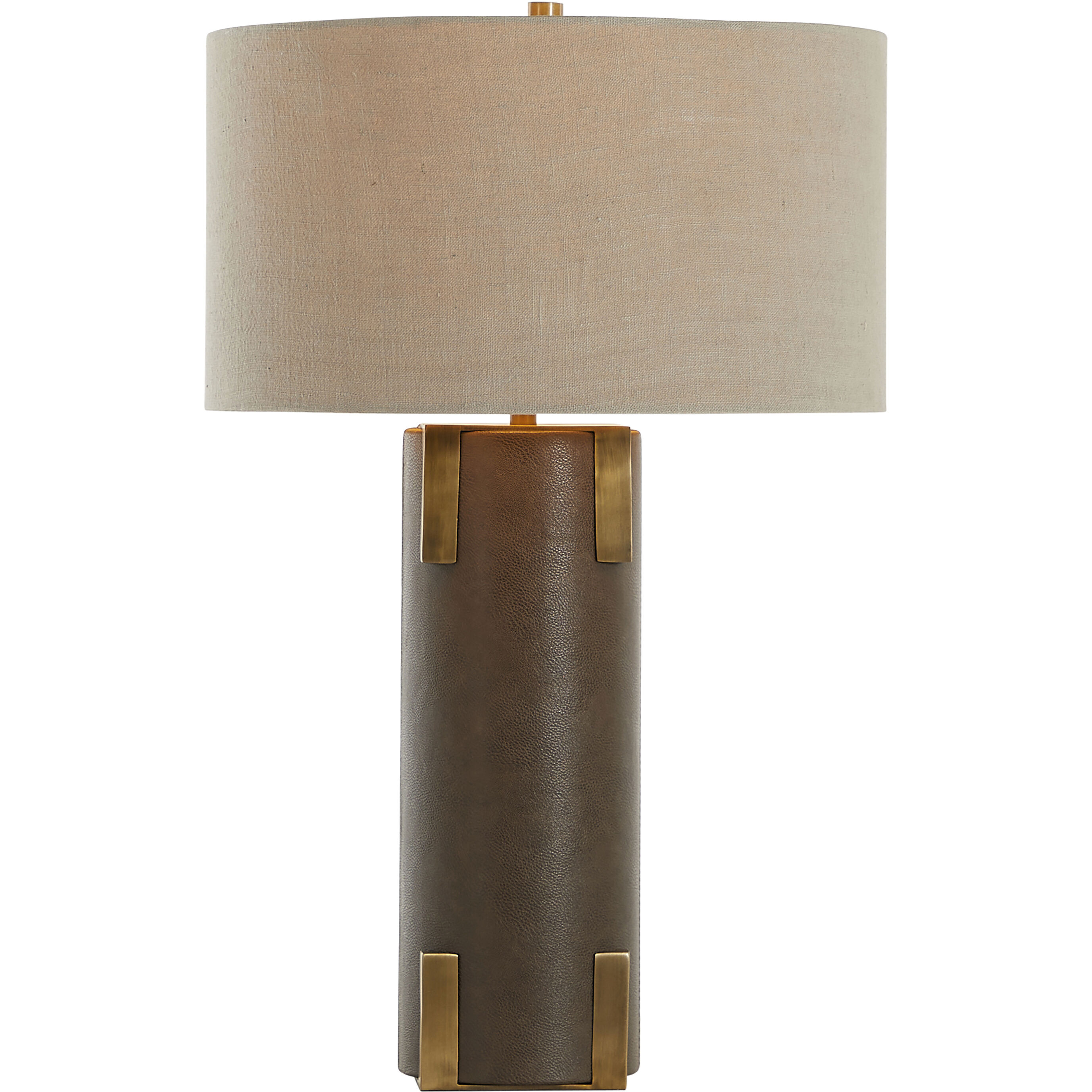 Bronx 29 inch Brushed Antique Brass and Dark Brown Leather with Beige Linen Table Lamp Portable Light