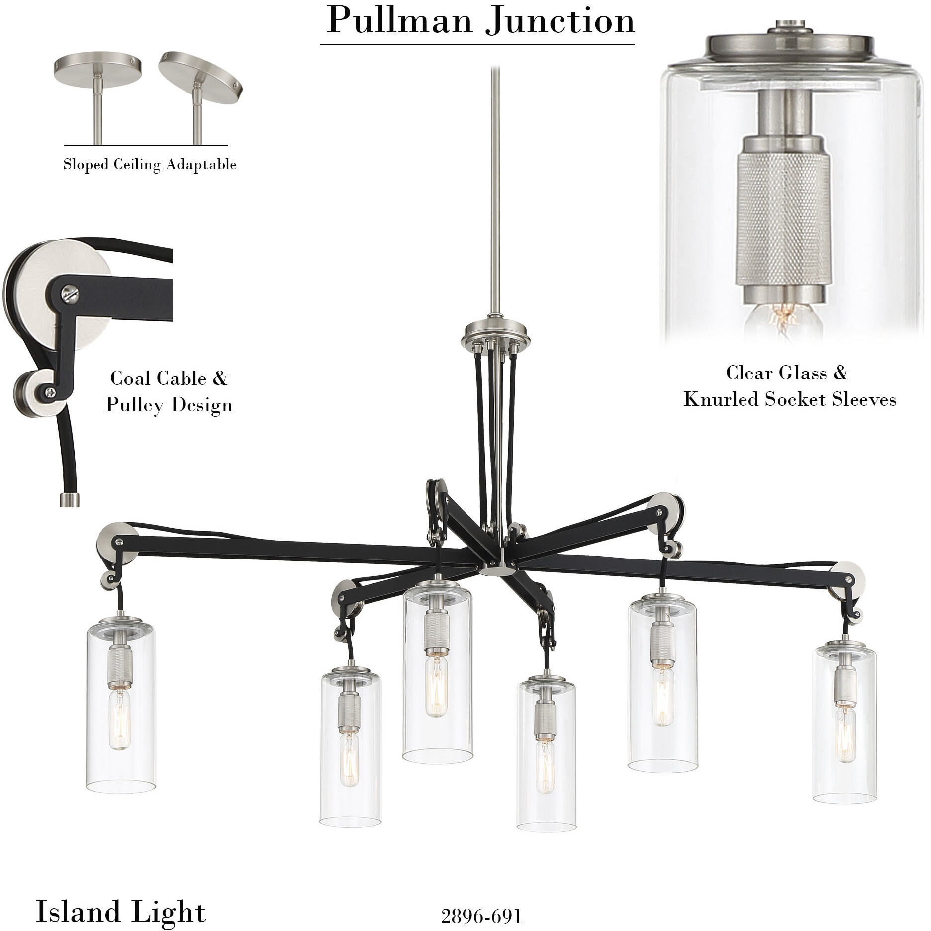 Pullman Junction 6 Light 40 inch Coal / Brushed Nickel Island Light Ceiling Light