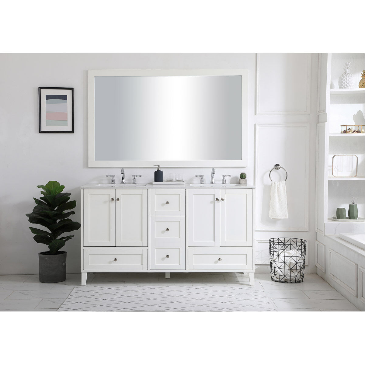Sommerville 60 X 22 X 34 inch White and Brushed Nickel with Calacatta Quartz Vanity Sink Set