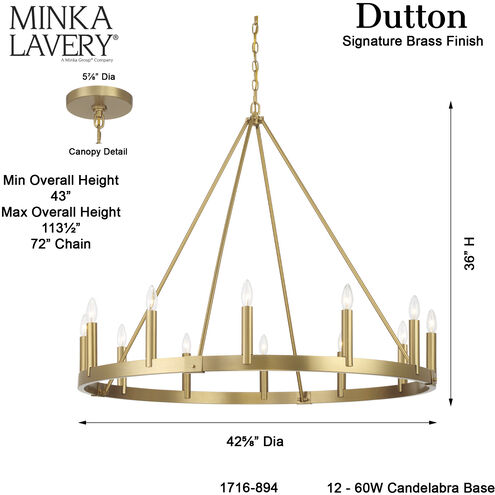 Dutton 12 Light 42.5 inch Signature Brass Chandelier Ceiling Light
