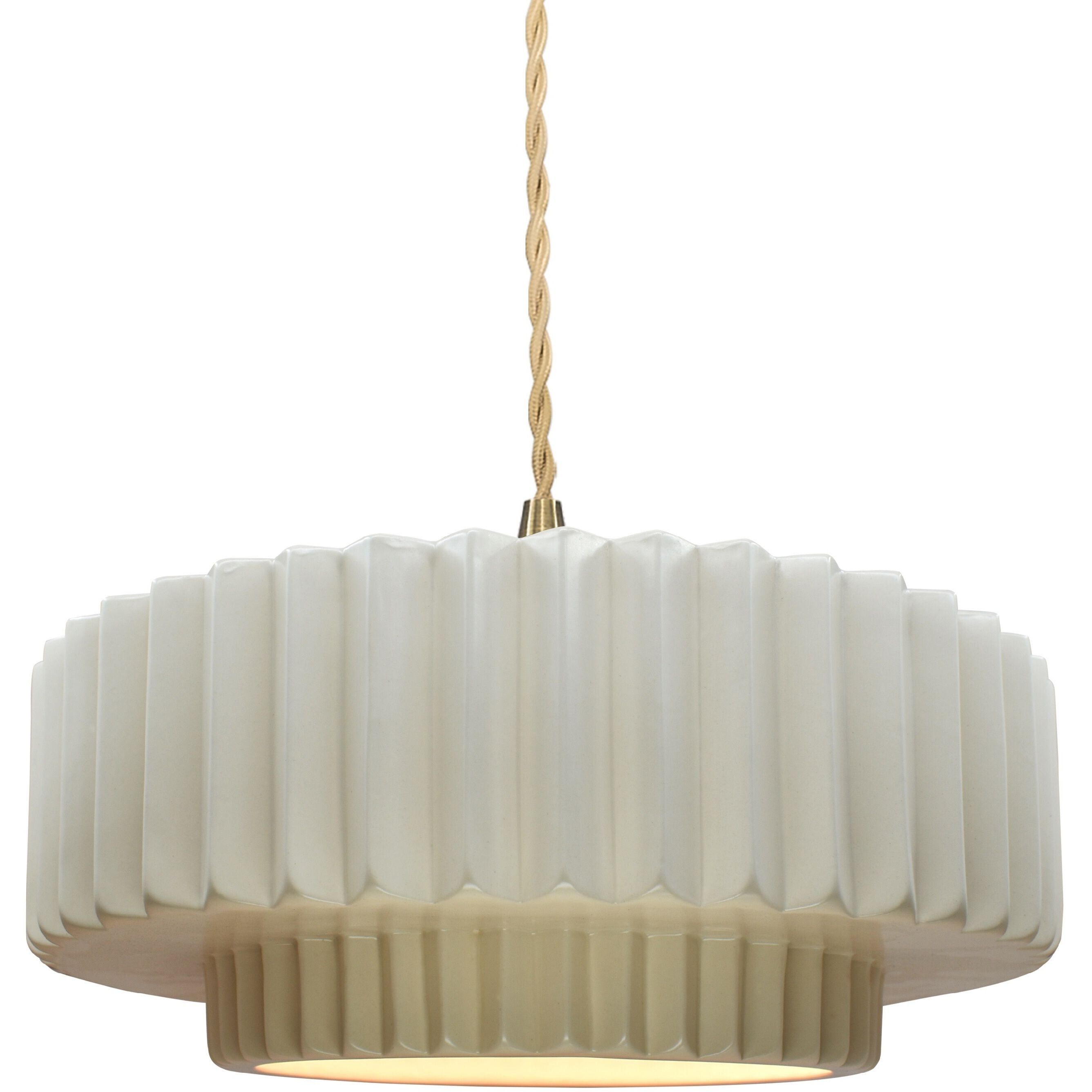 Radiance Collection - Pleated Tier Pendant Ceiling Light in Brushed Brass, Replaceable Bulb, Beige Twist Cord, Matte White, 14.5W x 5.25H, Form+Finish+Function
