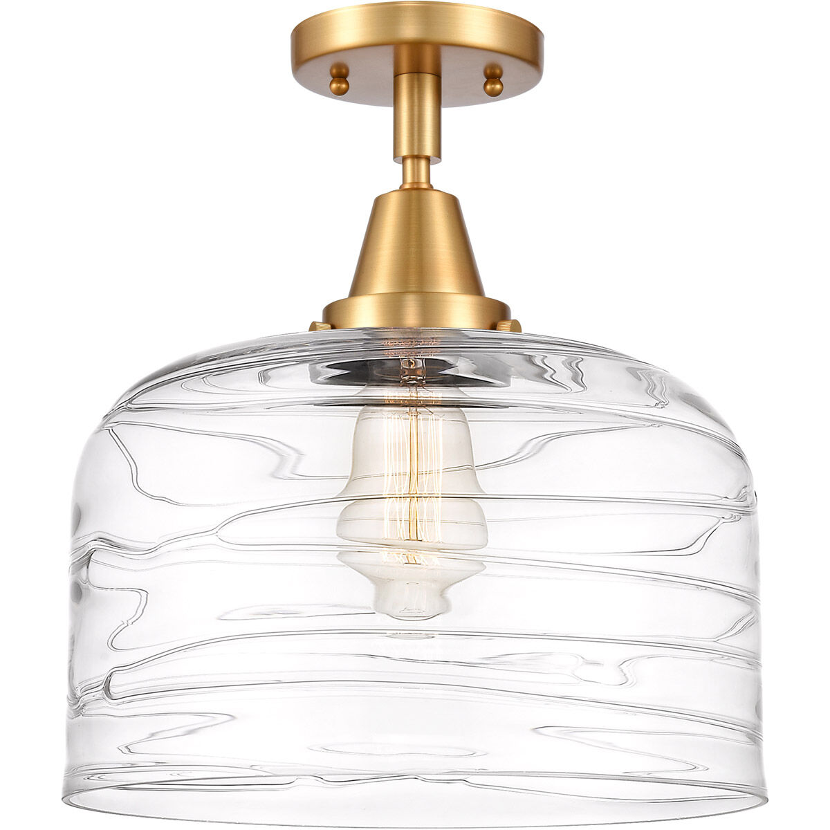 Franklin Restoration Bell LED 12 inch Satin Gold Flush Mount Ceiling Light in Clear Deco Swirl Glass