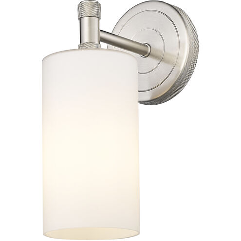Downtown Urban Crown Point Armed Sconce Wall Light in Satin Nickel, Matte White