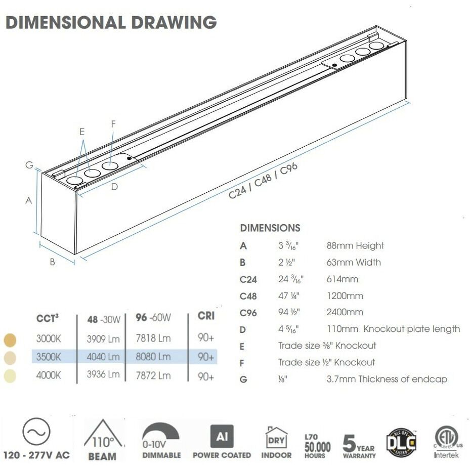 LIN LED 48 inch White Indoor Linear Pendant Ceiling Light
