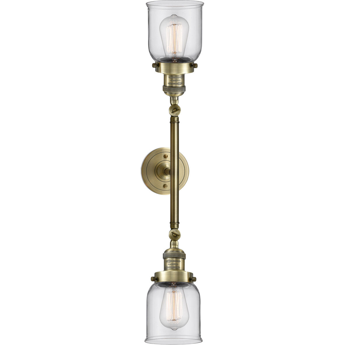 Franklin Restoration Small Bell 2 Light 16 inch Antique Brass Bath Vanity Light Wall Light in Incandescent, Clear Glass, Franklin Restoration