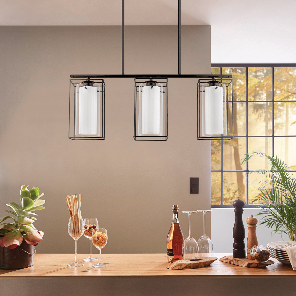 Loncino 3 Light 29.3 inch Structured Black Linear Pendant Ceiling Light