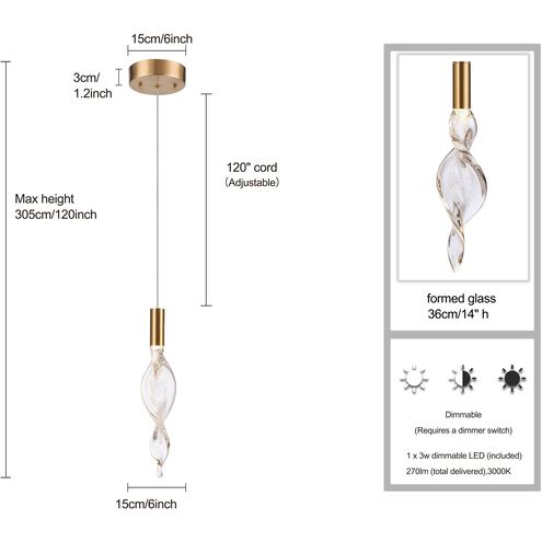 Aurora LED 6 inch Natural Brass Pendant Ceiling Light