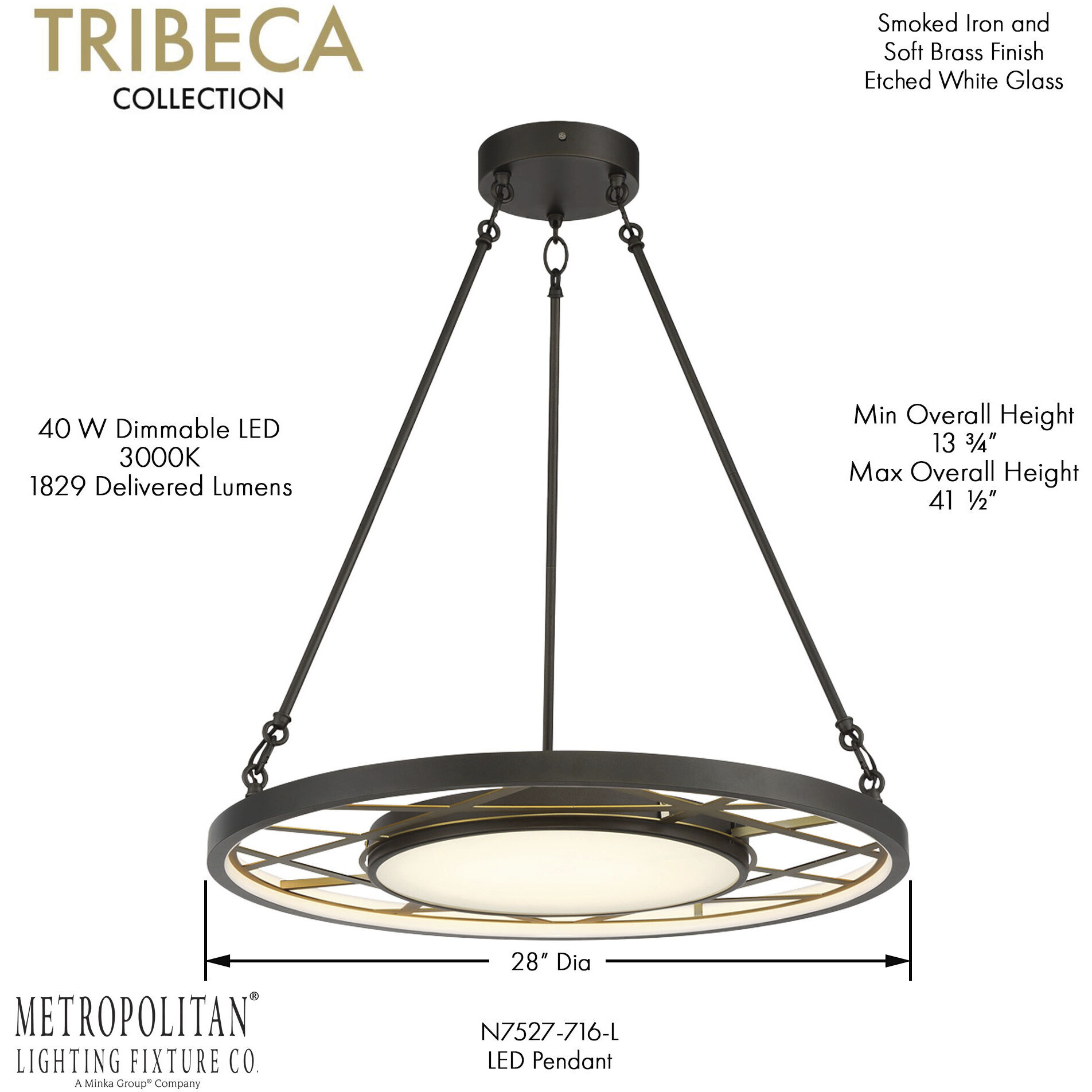 Tribeca LED 28 inch Smoked Iron And Soft Brass Pendant Ceiling Light