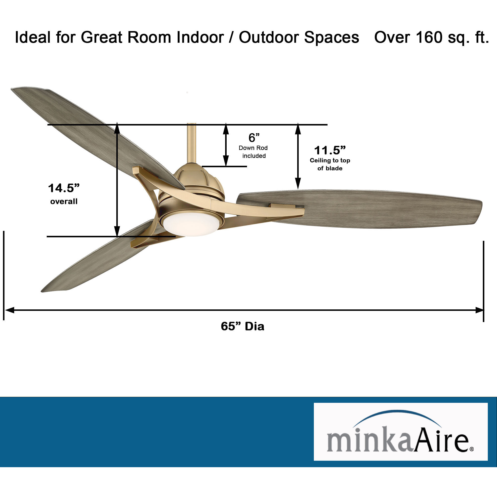 Molino 65 inch Soft Brass with Seashore Grey Blades Indoor/Outdoor Ceiling Fan