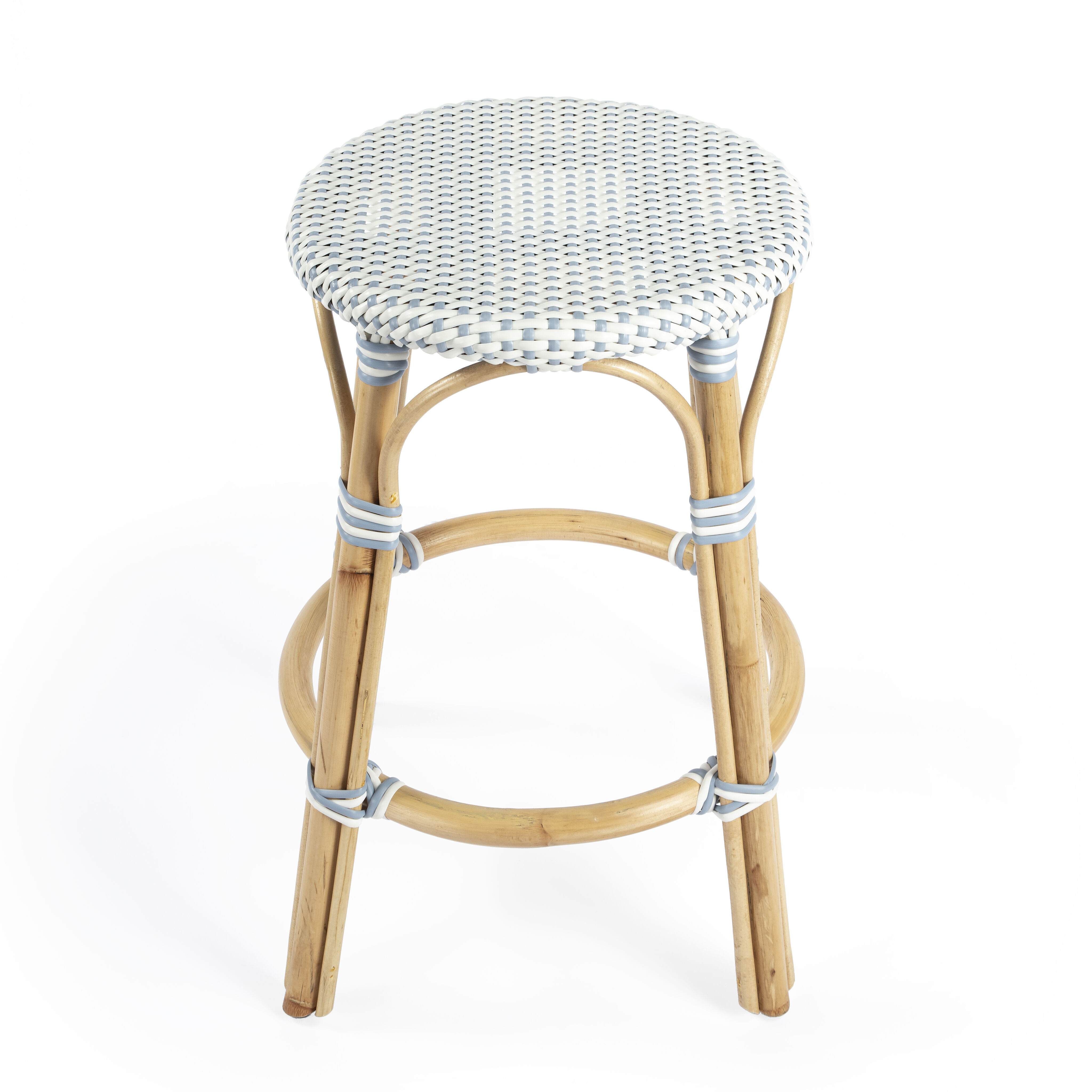 Tobias Rattan Round 24" Counter Stool in White and Sky Blue Dot