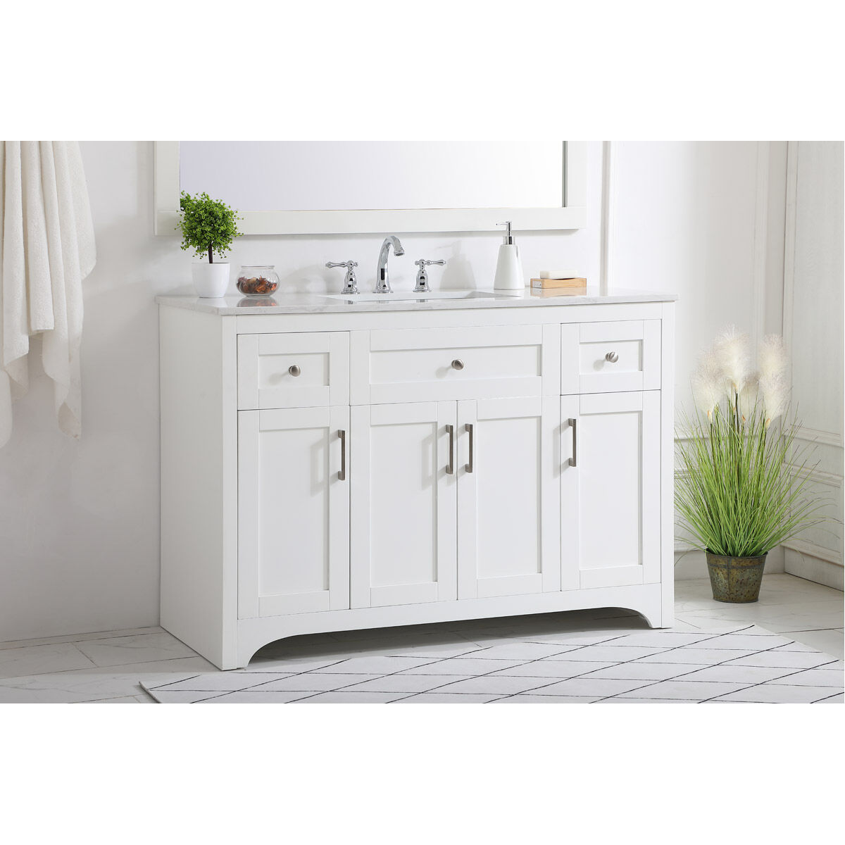 Moore 48 X 22 X 34 inch White and Brushed Nickel with Calacatta Quartz Vanity Sink Set