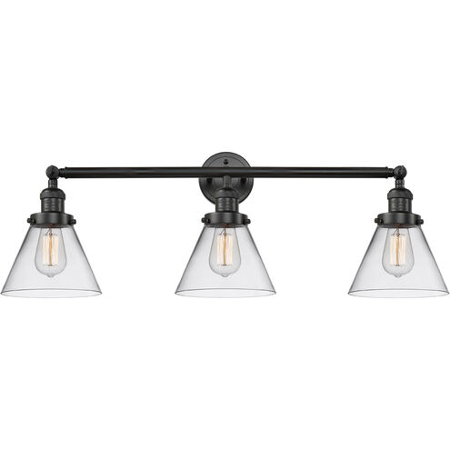 Franklin Restoration Large Cone 3 Light 32 inch Matte Black Bath Vanity Light Wall Light in Clear Glass, Franklin Restoration