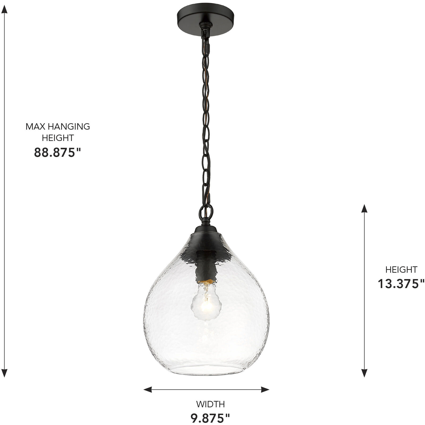 Ariella Pendant Ceiling Light in Matte Black, Clear Hammered, Small