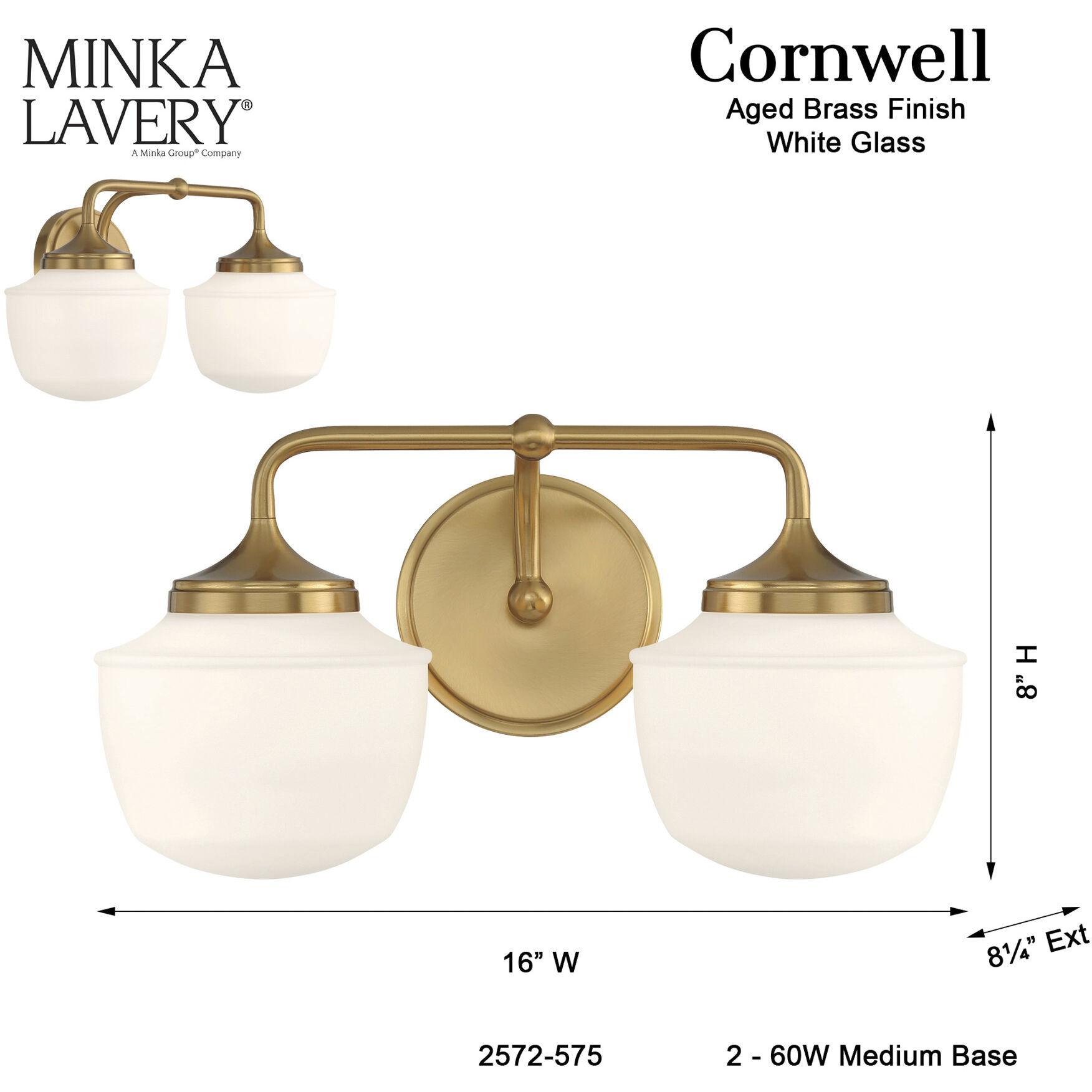 Cornwell 2 Light 16 inch Aged Brass Bath Vanity Wall Light