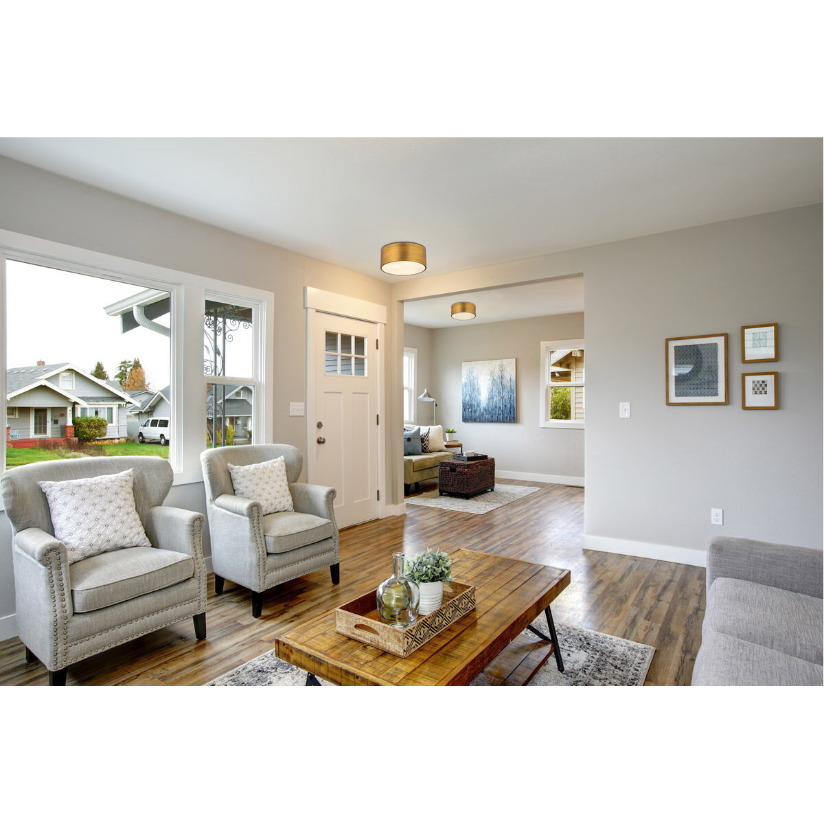 Harley 2 Light 12 inch Rubbed Brass Flush Mount Ceiling Light