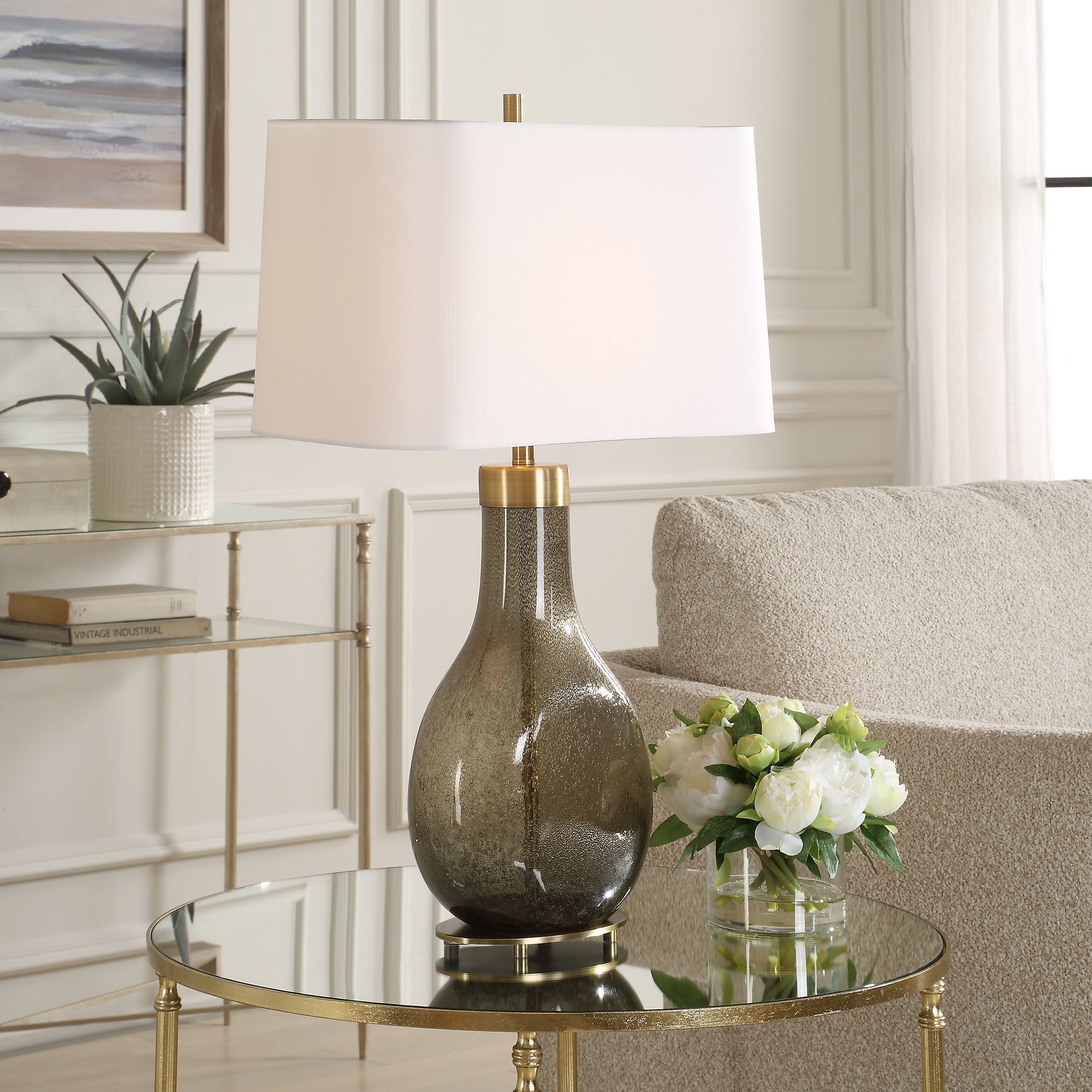 Shyla 29.25 inch 150 watt Dark Moss Seeded Glass and Plated Brushed Brass Table Lamp Portable Light