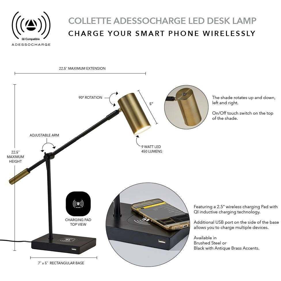 Collette 12 inch 7.00 watt Black and Antique Brass Desk Lamp Portable Light, with AdessoCharge Wireless Charging Pad and USB Port