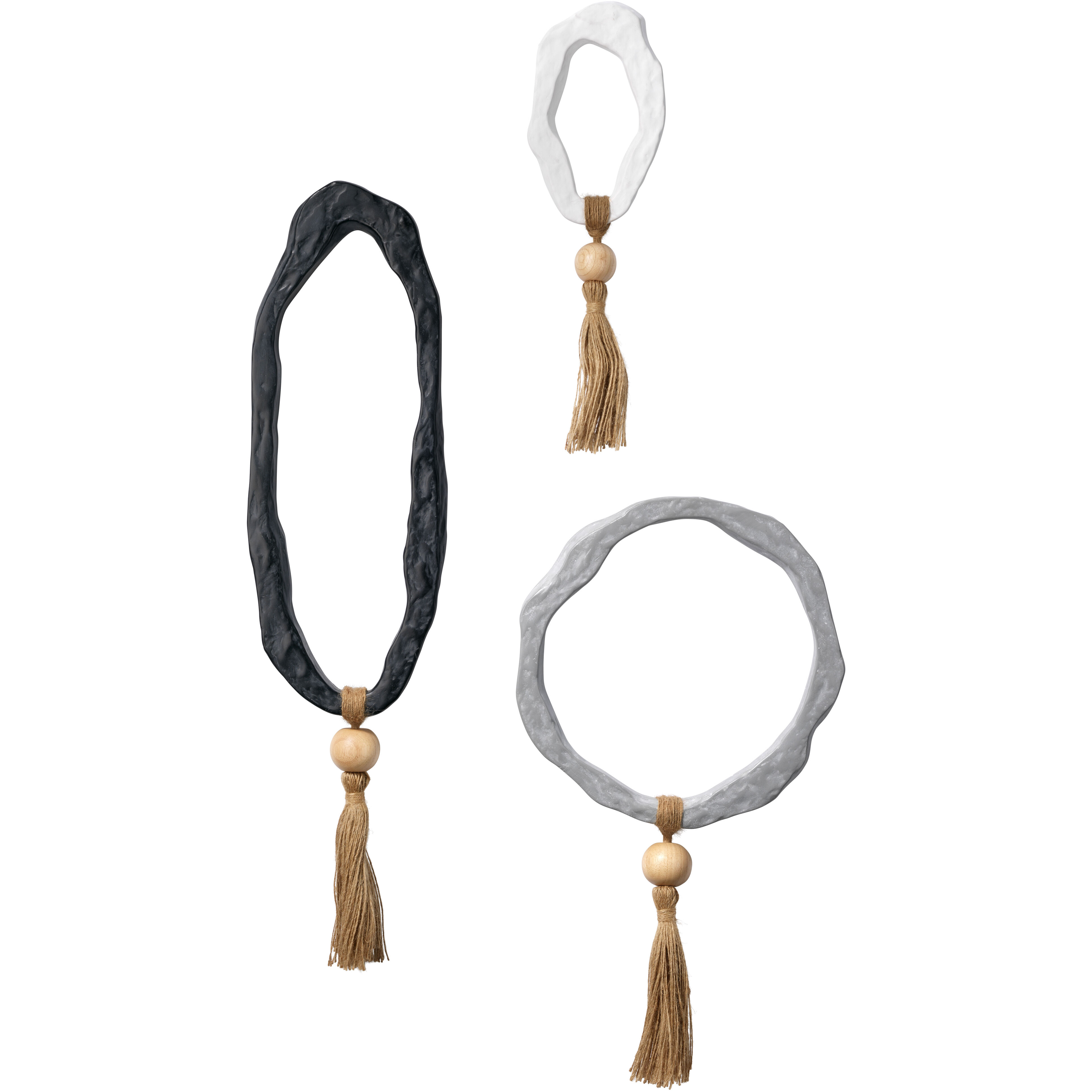 Mirage Abstract White / Black / Grey w/ Natural Wood Bead and Jute Wall Art