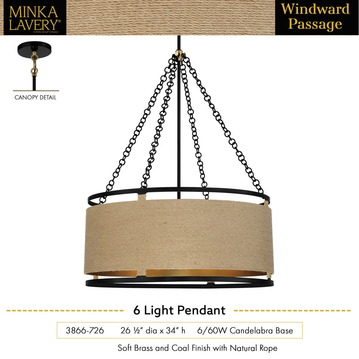 Windward Passage 6 Light 27 inch Coal And Soft Brass Pendant Ceiling Light