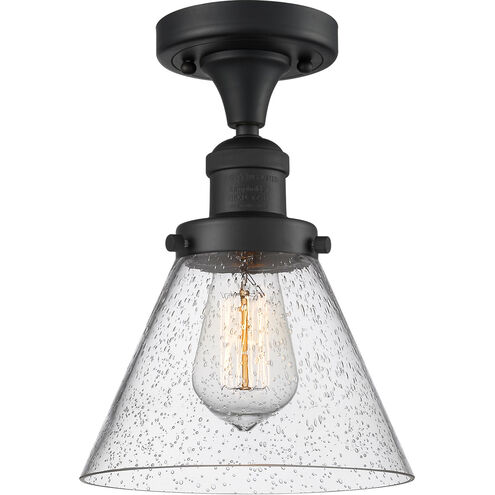 Franklin Restoration Large Cone 1 Light 8 inch Matte Black Semi-Flush Mount Ceiling Light in Seedy Glass, Franklin Restoration