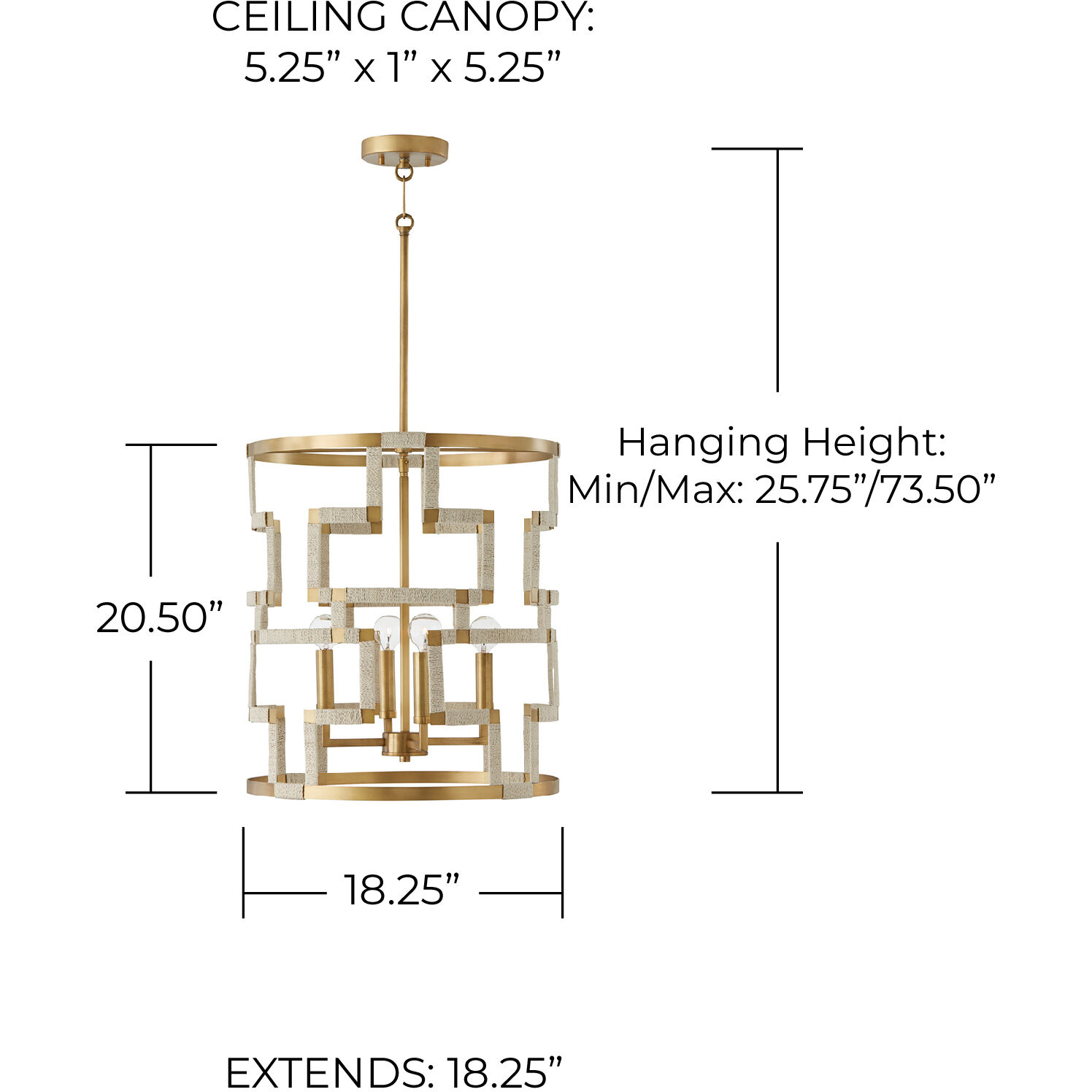 Hala 4 Light 18 inch Bleached Natural Jute and Patinaed Brass Foyer Light Ceiling Light