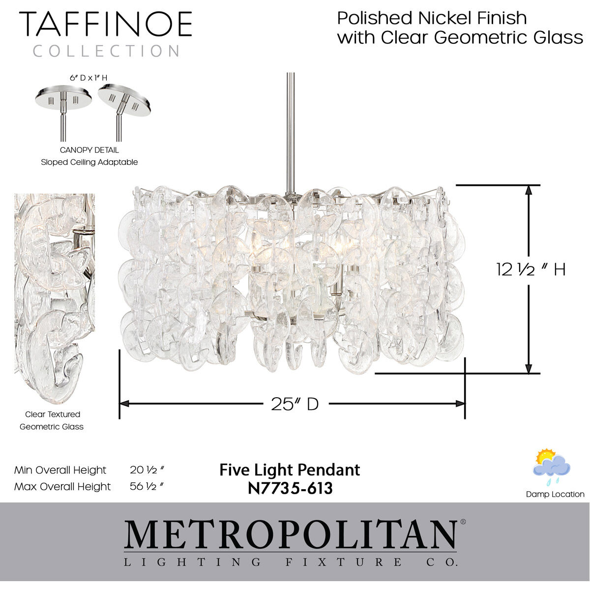 Taffinoe 5 Light 25 inch Polished Nickel Pendant Ceiling Light
