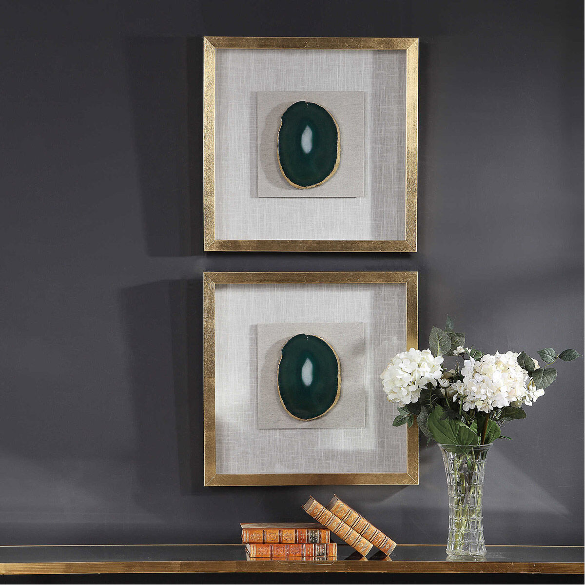 Keeva Emerald Green Agate Stone and Gold Leaf Shadow Box