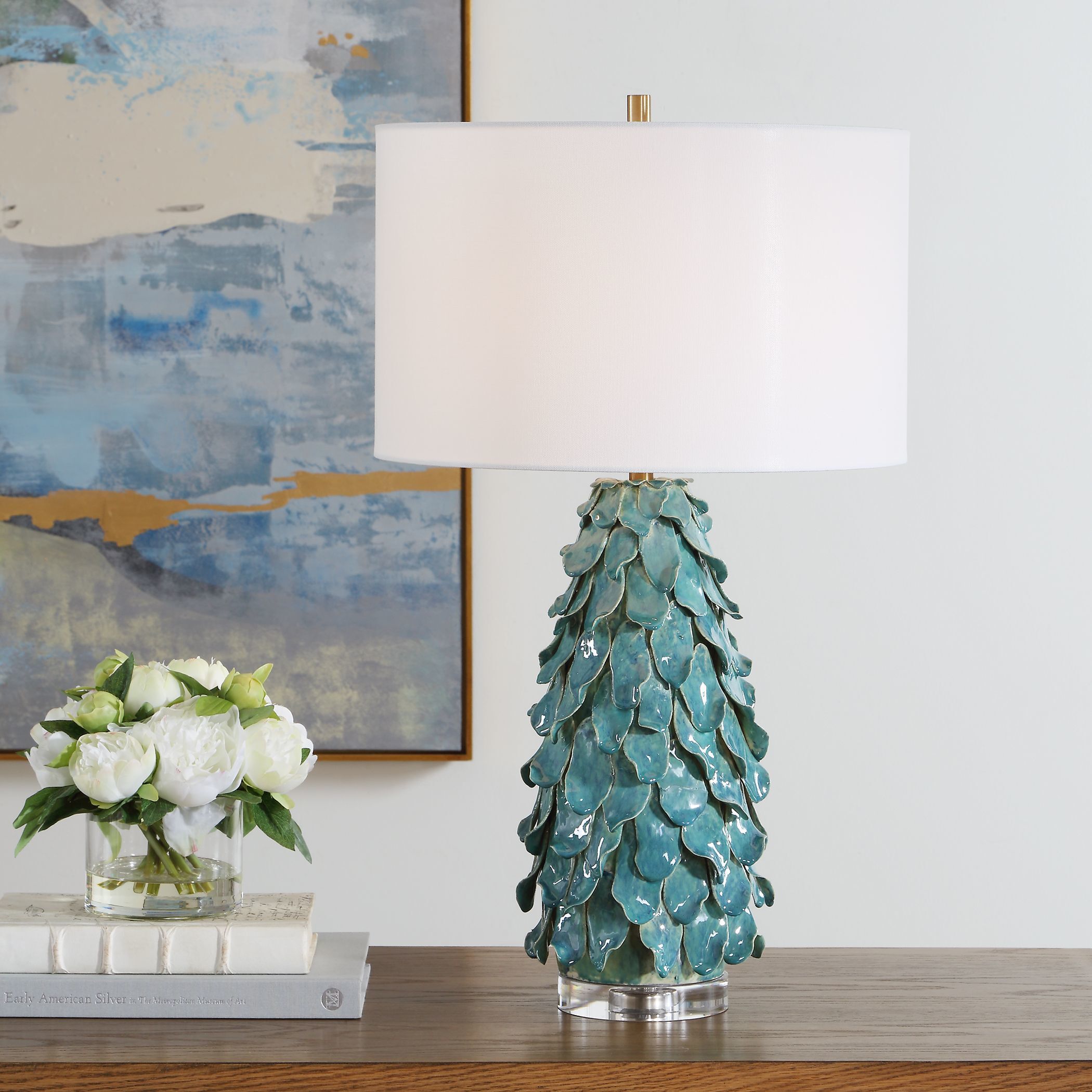 Mina 27.5 inch 150 watt Aged Teal Blue and Crystal with Antique Brass Table Lamp Portable Light