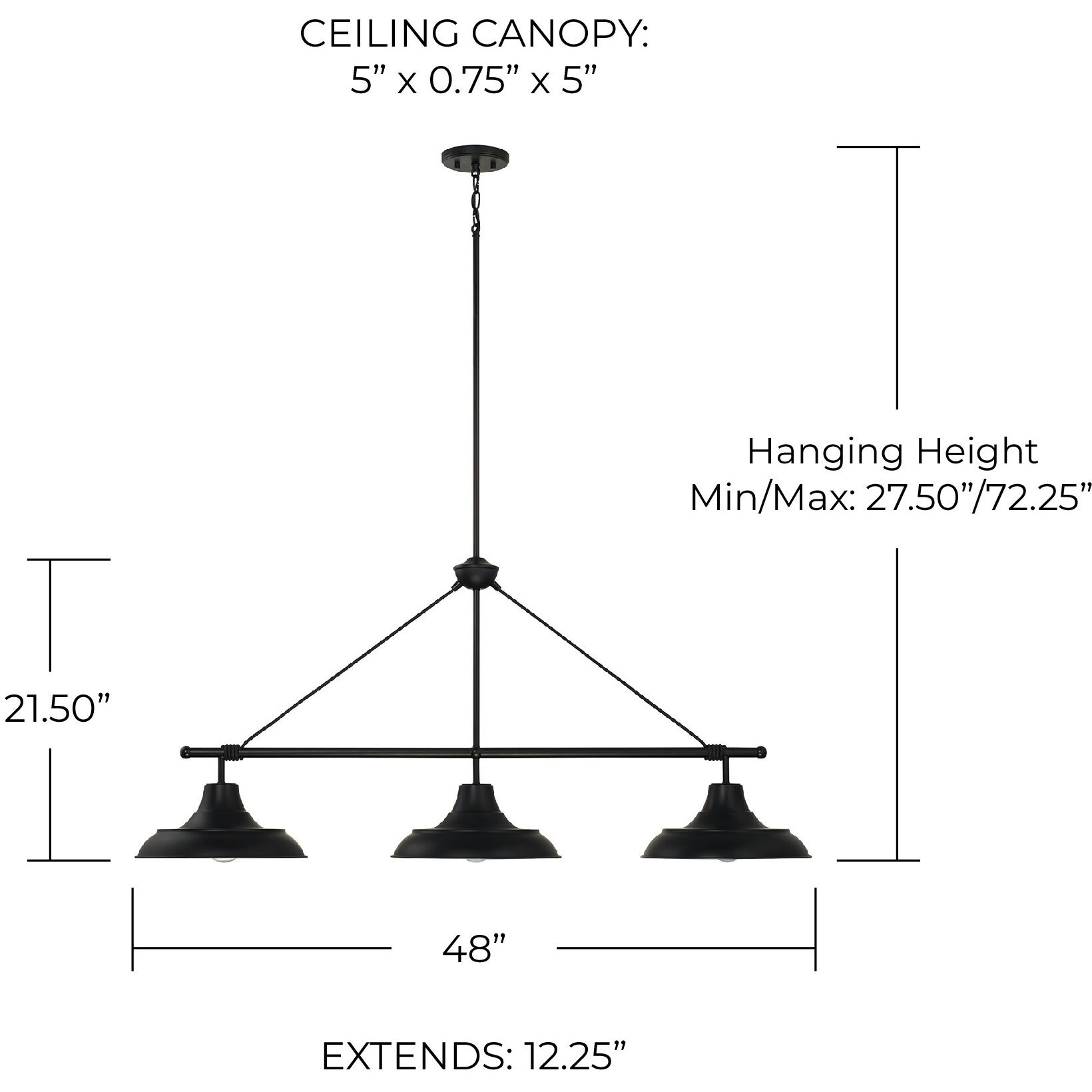 Jones 3 Light 48 inch Matte Black Island Light Ceiling Light