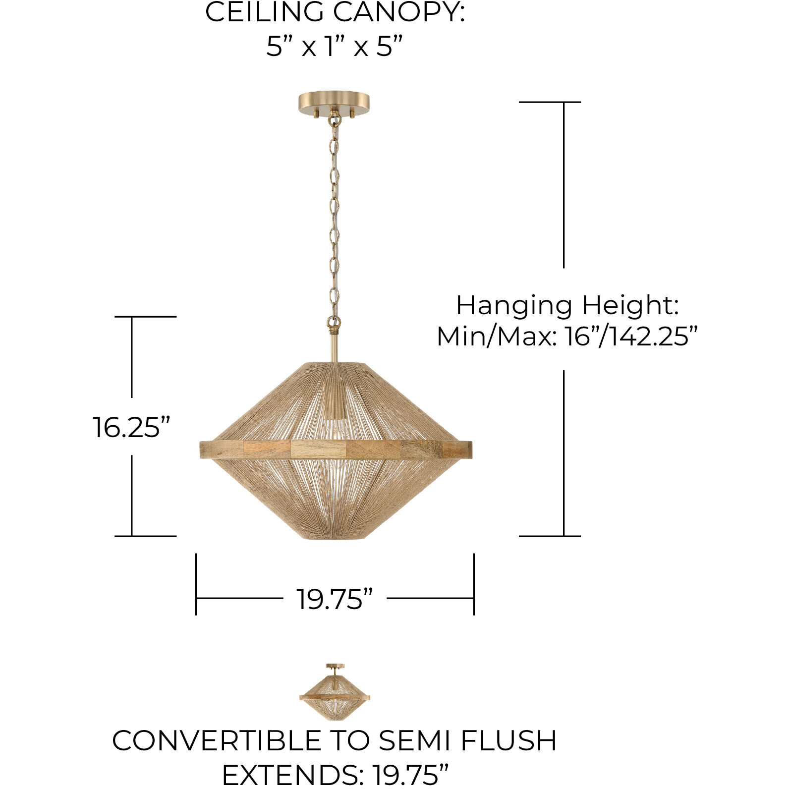 Maya 1 Light 19.75 inch Matte Brass Semi-Flush Ceiling Light, Convertible Dual Mount