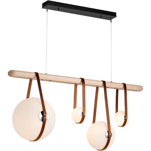 Derby LED 52 inch Black and Polished Nickel Linear Pendant Ceiling Light in Black/Polished Nickel, Chestnut Leather with Maple Natural