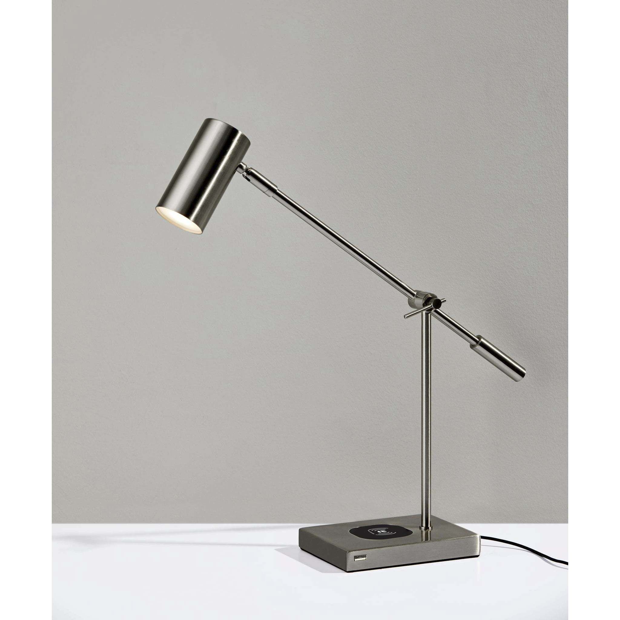Collette 12 inch 7.00 watt Brushed Steel Desk Lamp Portable Light, with AdessoCharge Wireless Charging Pad and USB Port