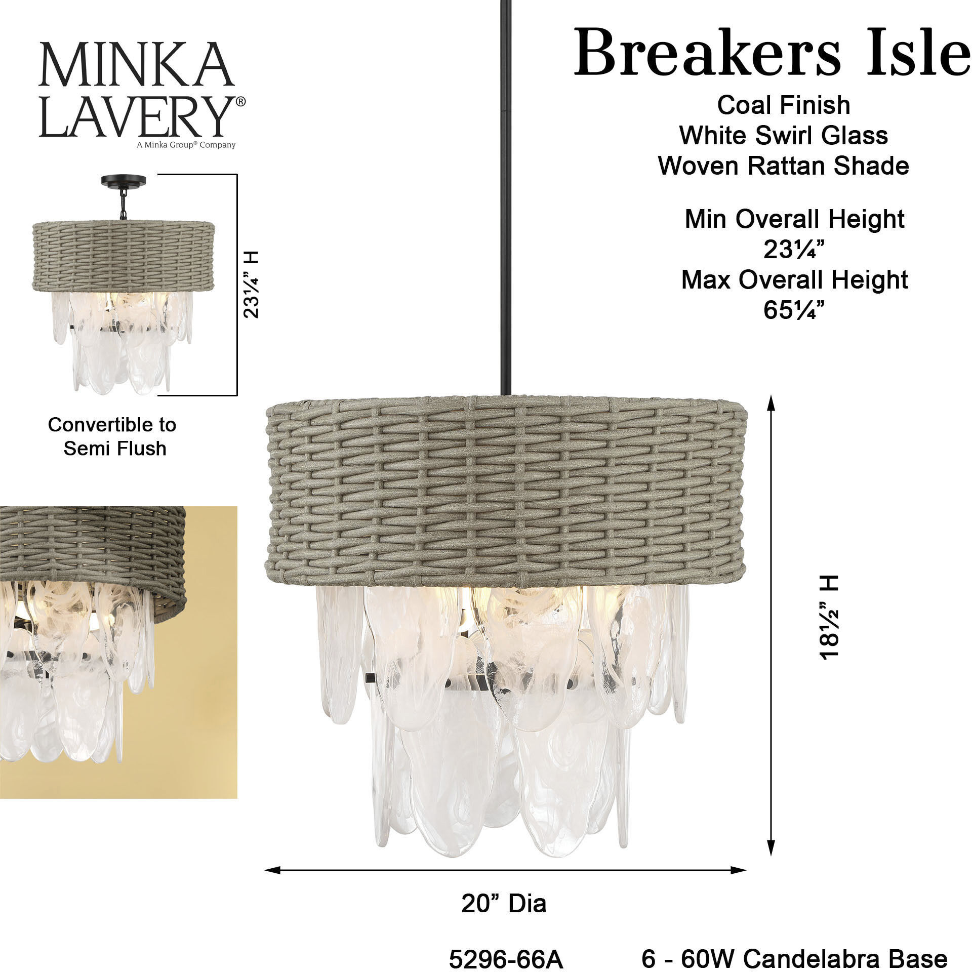 Breakers Isle 6 Light 20 inch Coal Semi Flush Ceiling Light